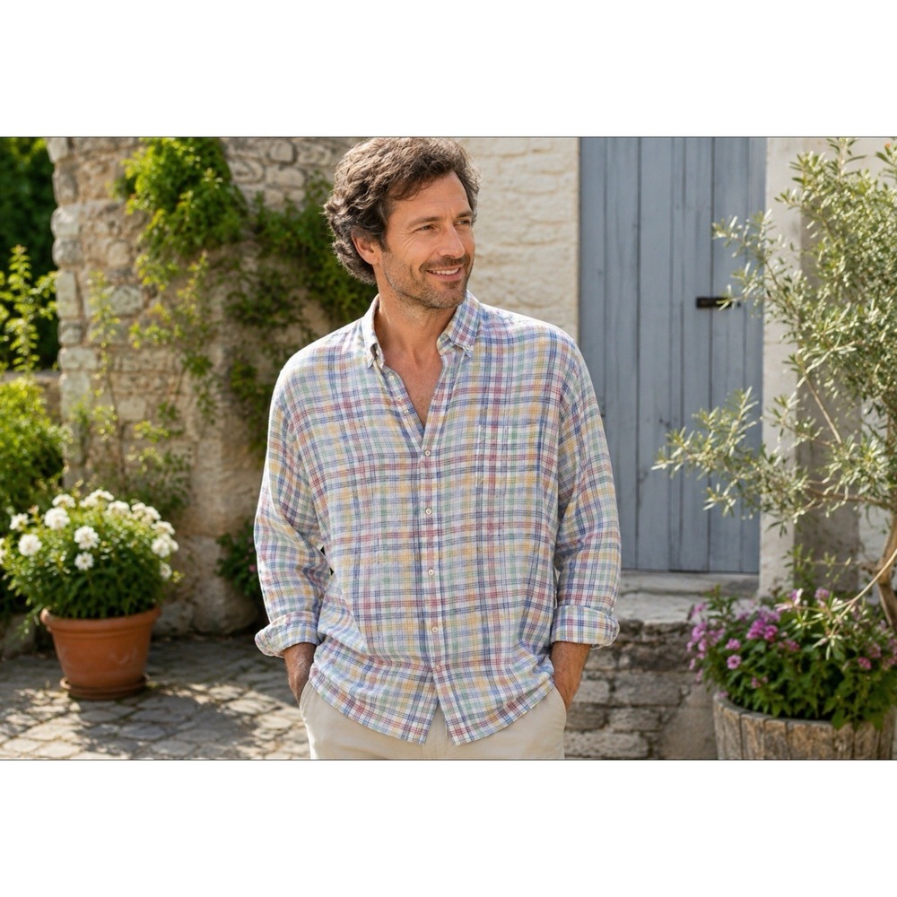 Peter Millar XXL Crown Sport  100% Linen  Hammer Mock Plaid Sport Shirt Pastel